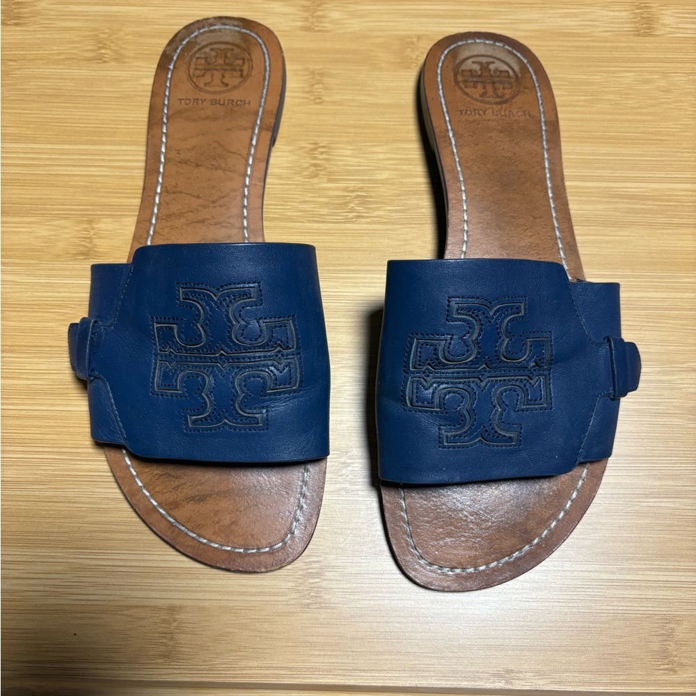 Tory Burch Navy Leather Slides